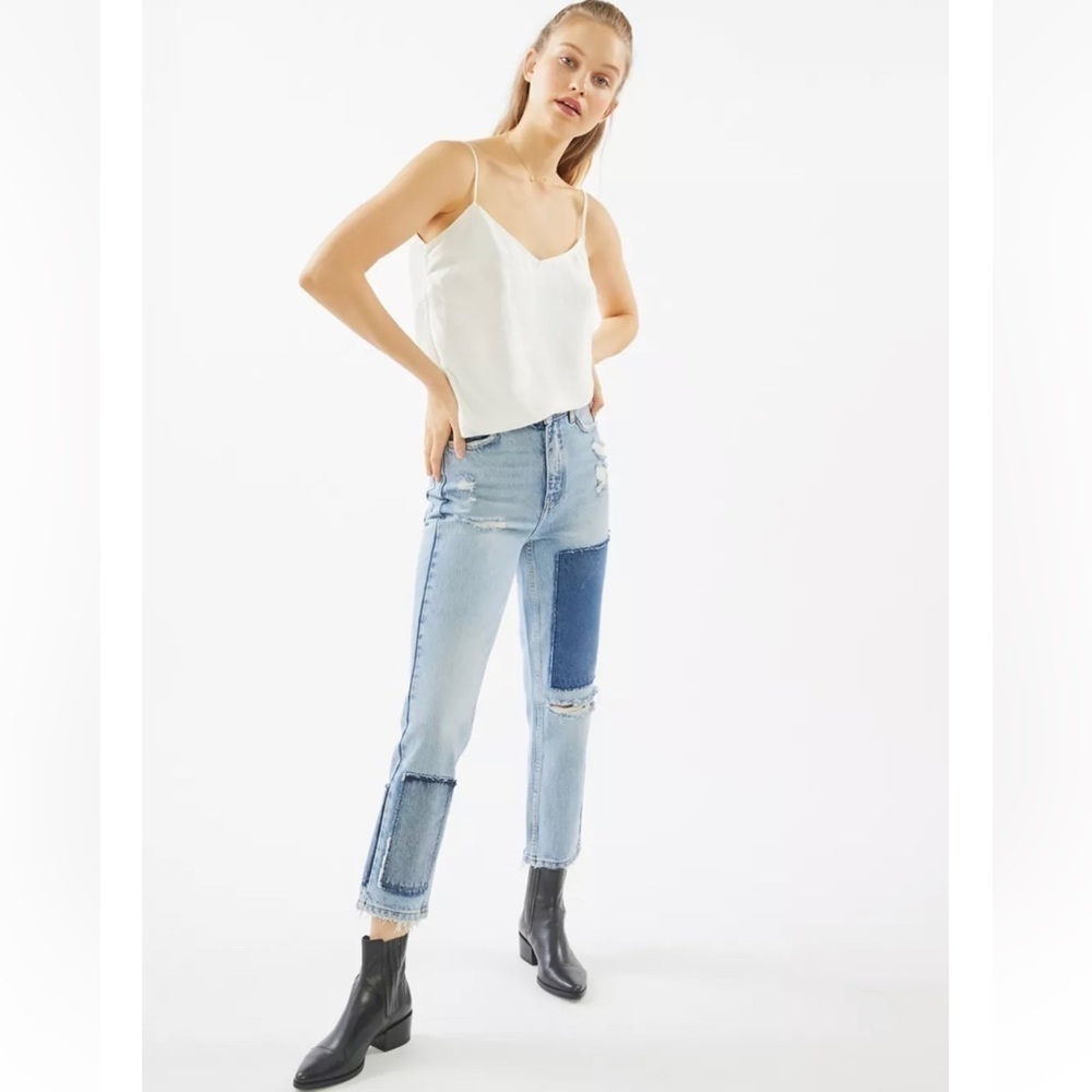 Urban Outfitters BDG High-Waisted Slim Straight Jeans Distressed Patchwork Denim